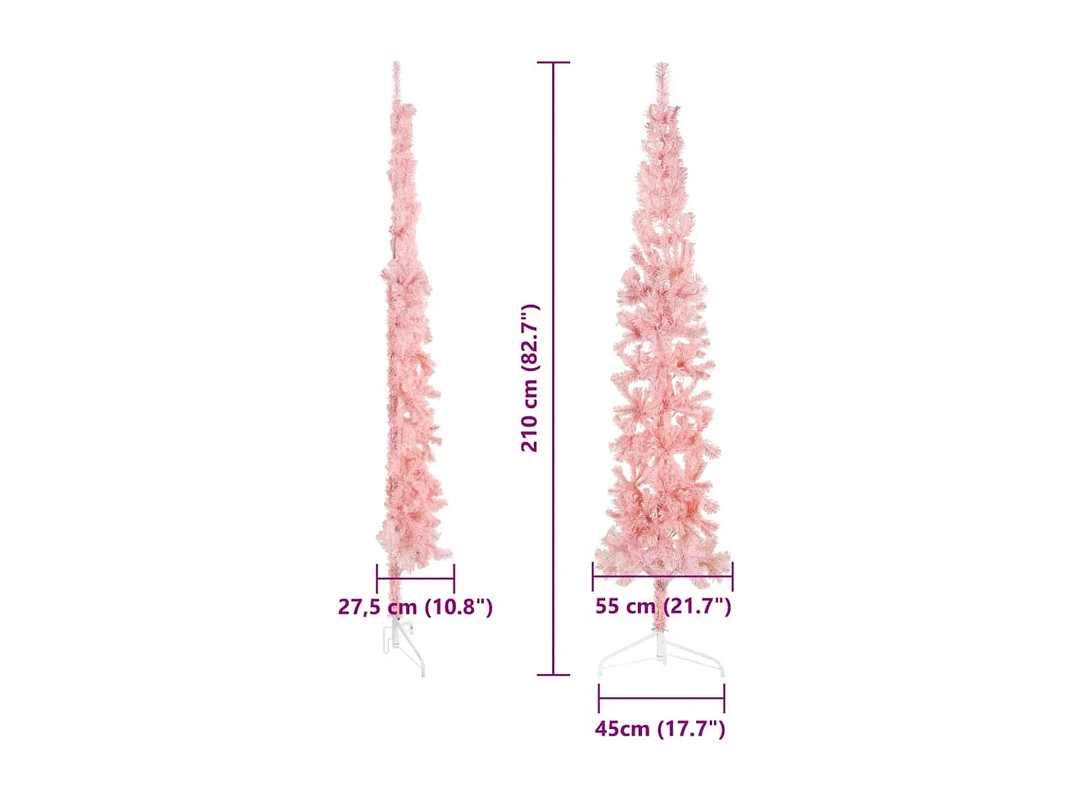 Kunstkerstboom half met standaard smal 210 cm roze