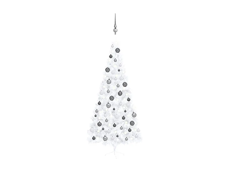 Demi-arbre de Noël artificiel pré-éclairé et boules blanc 240cm