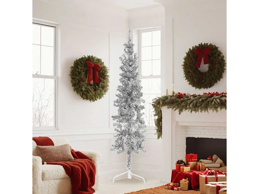 Kunstkerstboom half met standaard smal 180 cm zilverkleurig
