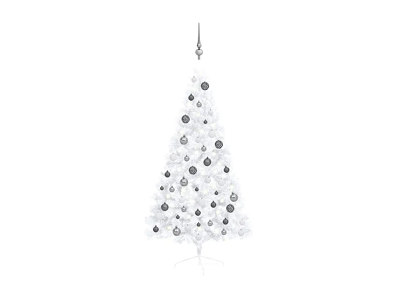 Medio árbol de Navidad con luces y bolas blanco 150 cm