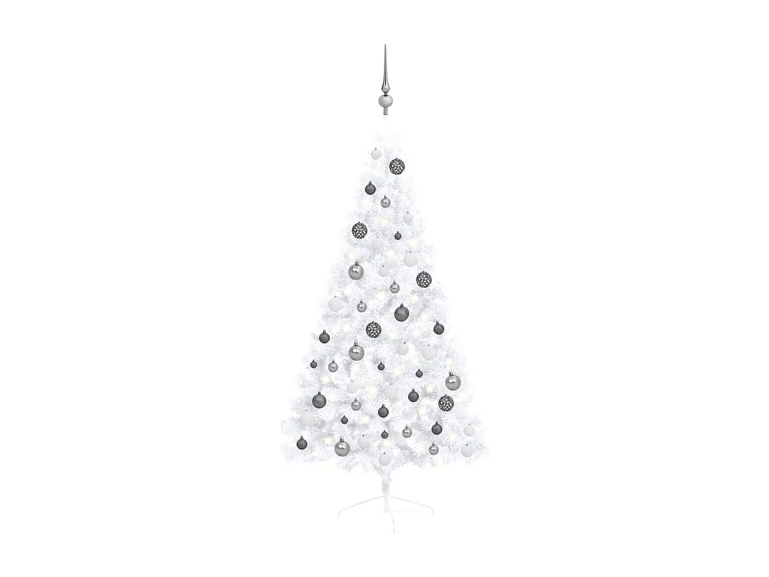 Medio árbol de Navidad con luces y bolas blanco 150 cm
