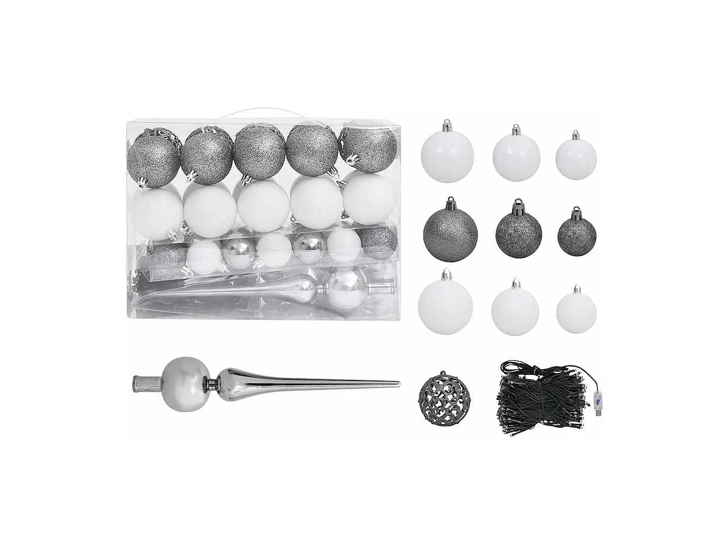 Medio árbol de Navidad con luces y bolas blanco 150 cm