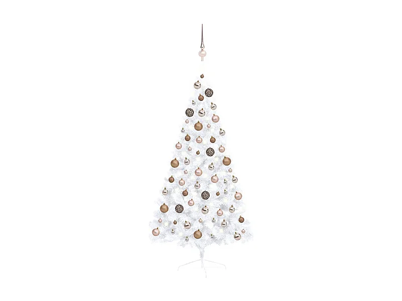 Demi-arbre de Noël artificiel pré-éclairé et boules blanc 150cm