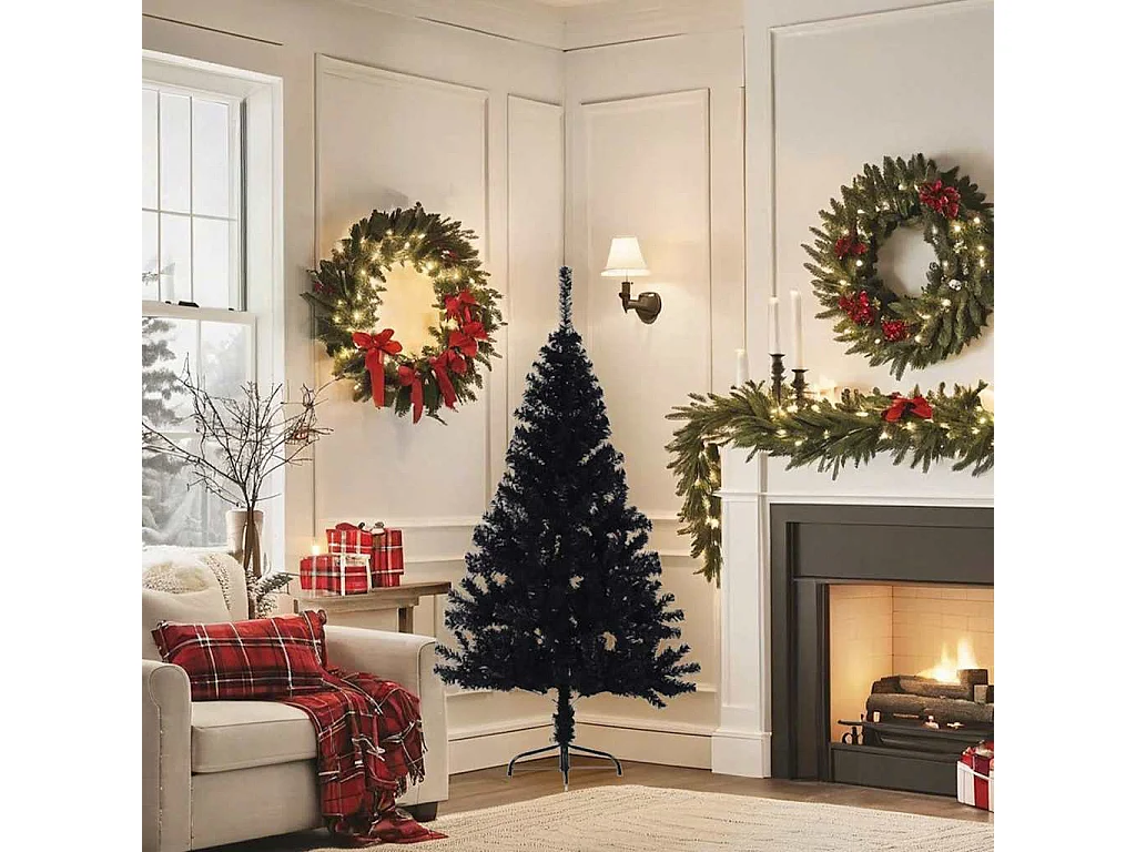 Meia árvore de Natal artificial com suporte 150 cm PVC preto