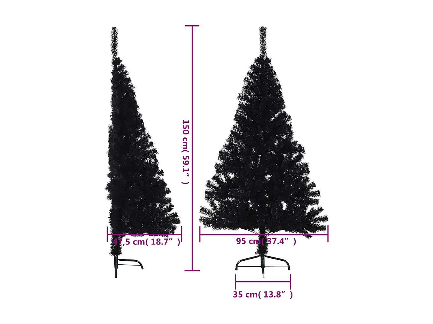 Meia árvore de Natal artificial com suporte 150 cm PVC preto
