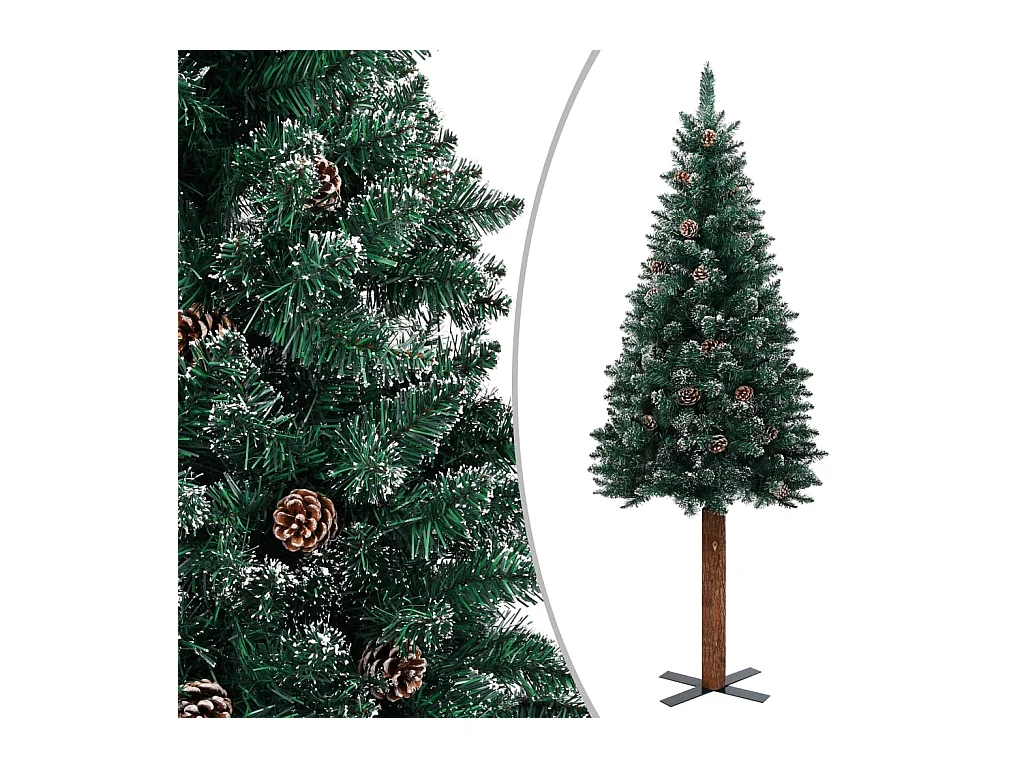 Sapin de Noël mince bois véritable et neige blanche vert 210 cm