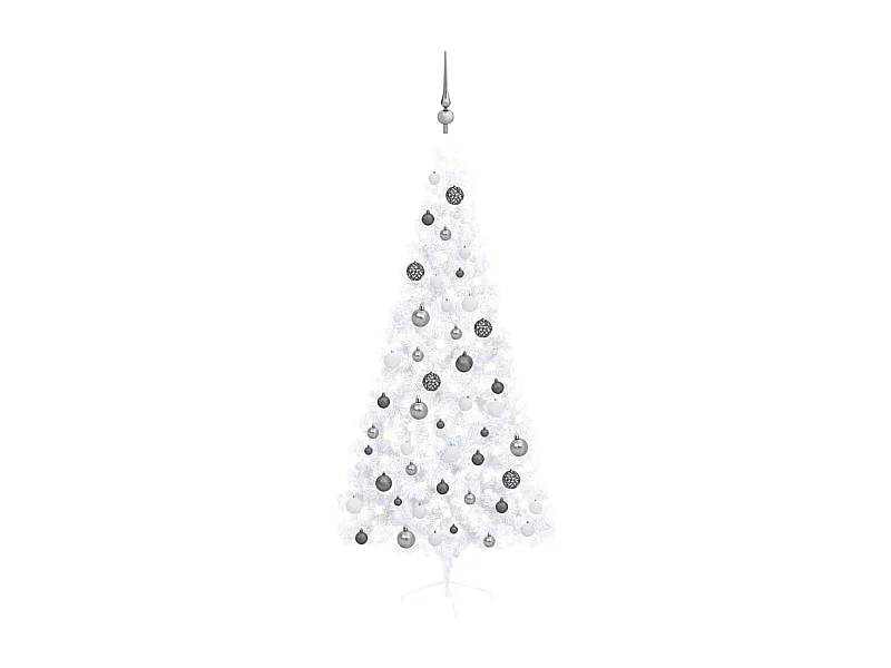 Medio árbol de Navidad con luces y bolas blanco 180 cm