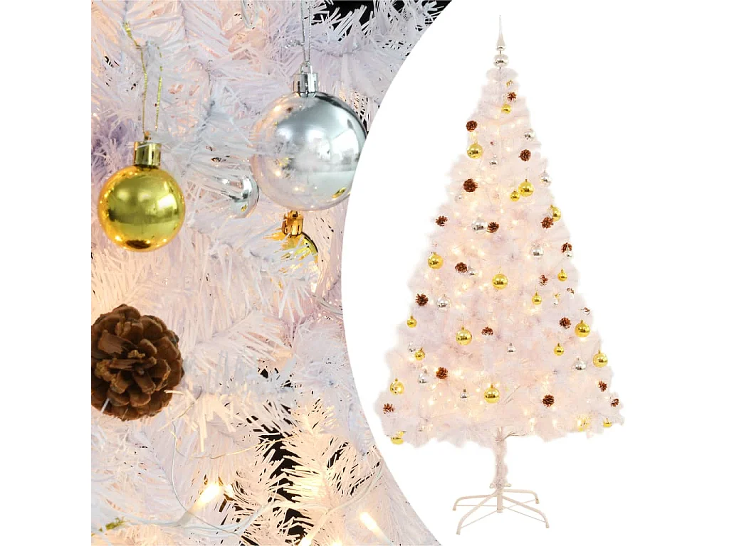 Arbre de Noël artificiel pré-éclairé avec boules blanc 210 cm