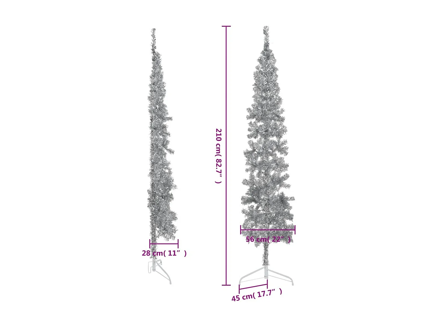 Demi sapin de Noël artificiel mince avec support Argenté 210 cm