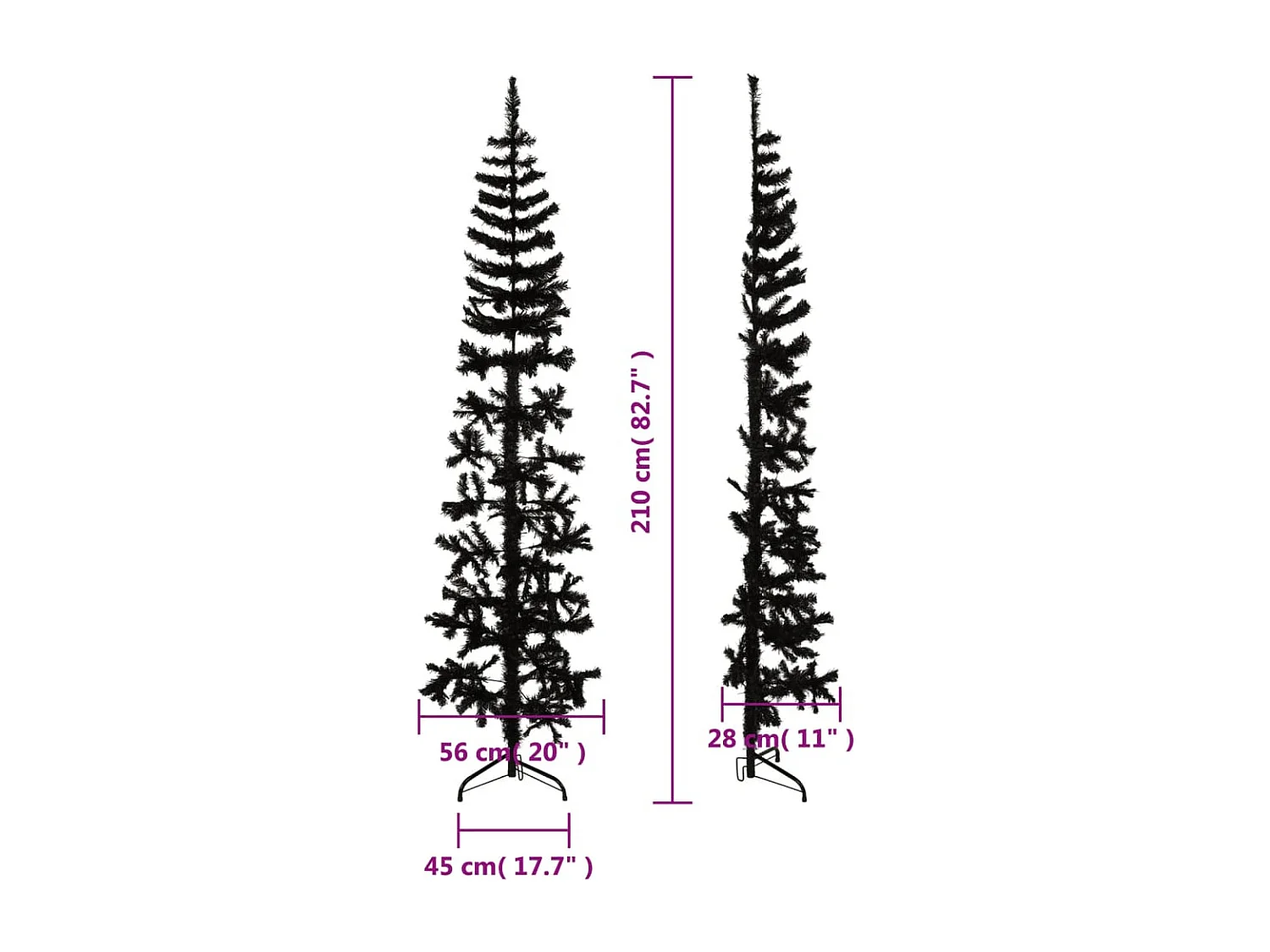 Demi sapin de Noël artificiel mince avec support Noir 210 cm