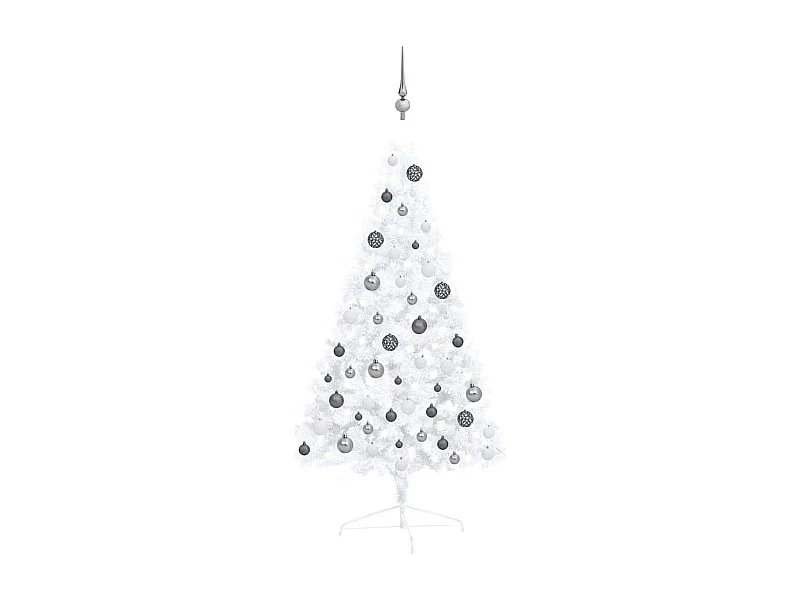 Demi-arbre de Noël artificiel pré-éclairé et boules blanc 120cm