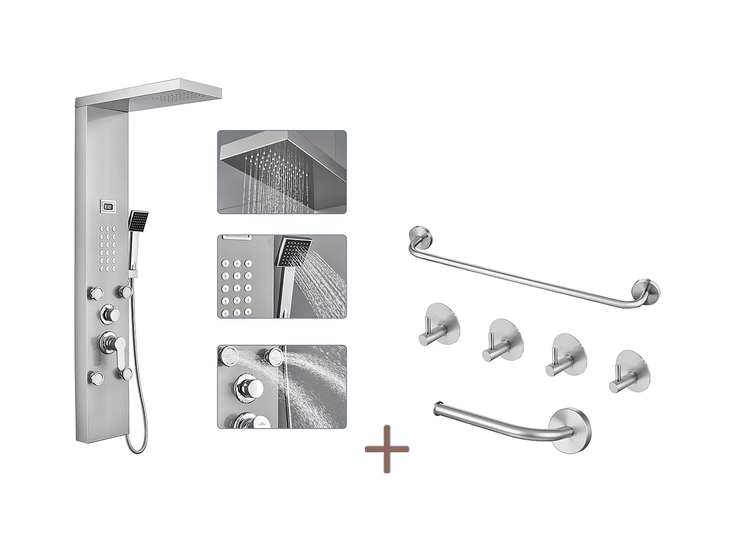 Auralum max Hydromassage Douchekolom met LCD-scherm Temperatuurweergave, roestvrij staal, 4 massagestralen + badkamerset 6-delig accessoire, roestvrij staal