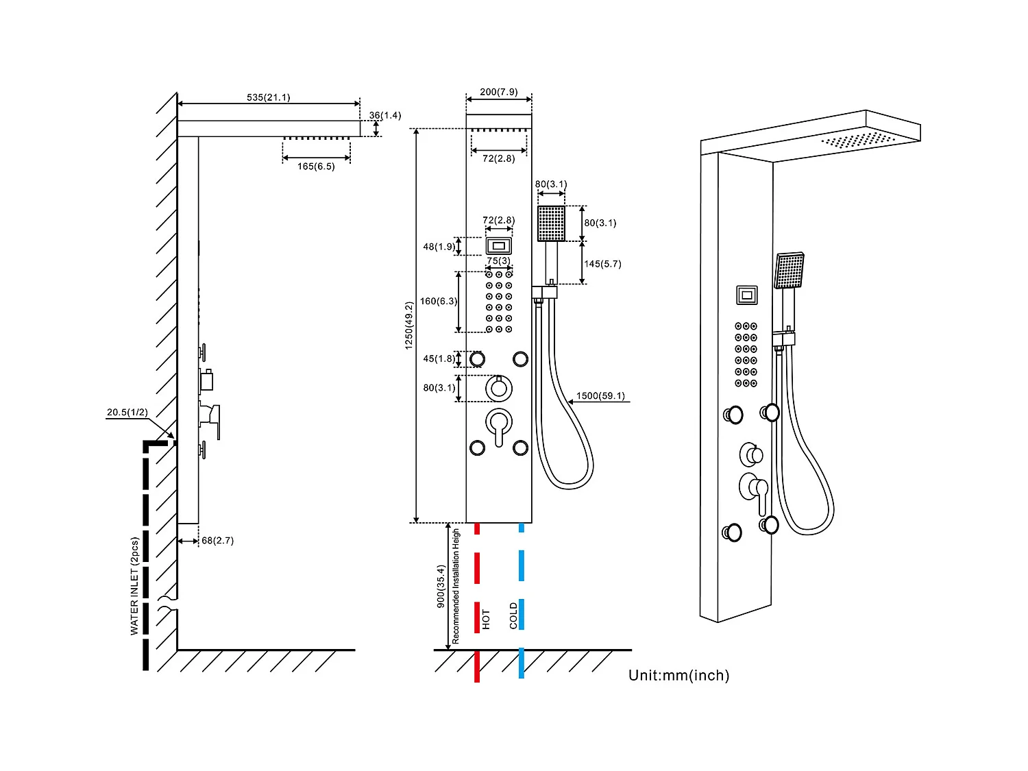 Auralum max Hydromassage Douchekolom met LCD-scherm Temperatuurweergave, roestvrij staal, 4 massagestralen + badkamerset 6-delig accessoire, roestvrij staal