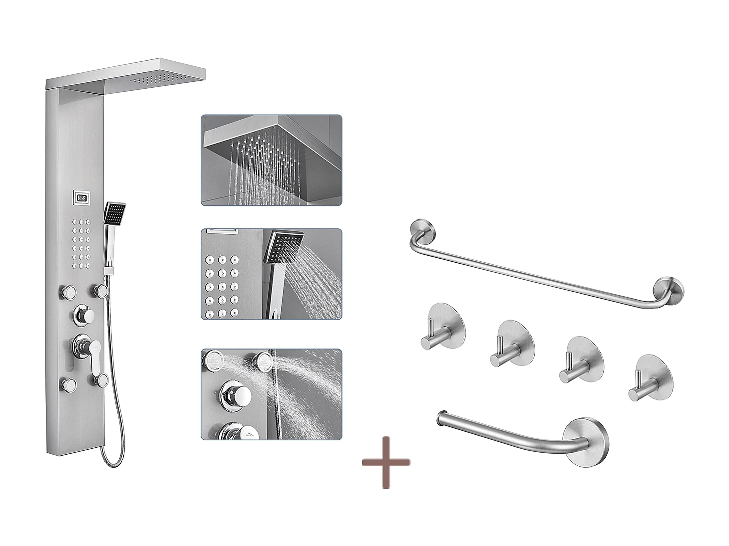 Auralum max Colonne Douche Hydromassante avec LCD Écran Affichage Temprérature,Inox,4 Jets Massage+Ensemble Salle Bain Accessoire 6 Pièces,Inox