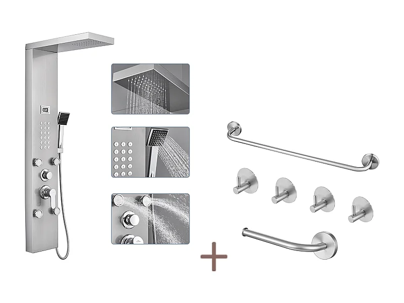 Auralum max Colonne Douche Hydromassante avec LCD Écran Affichage Temprérature,Inox,4 Jets Massage+Ensemble Salle Bain Accessoire 6 Pièces,Inox