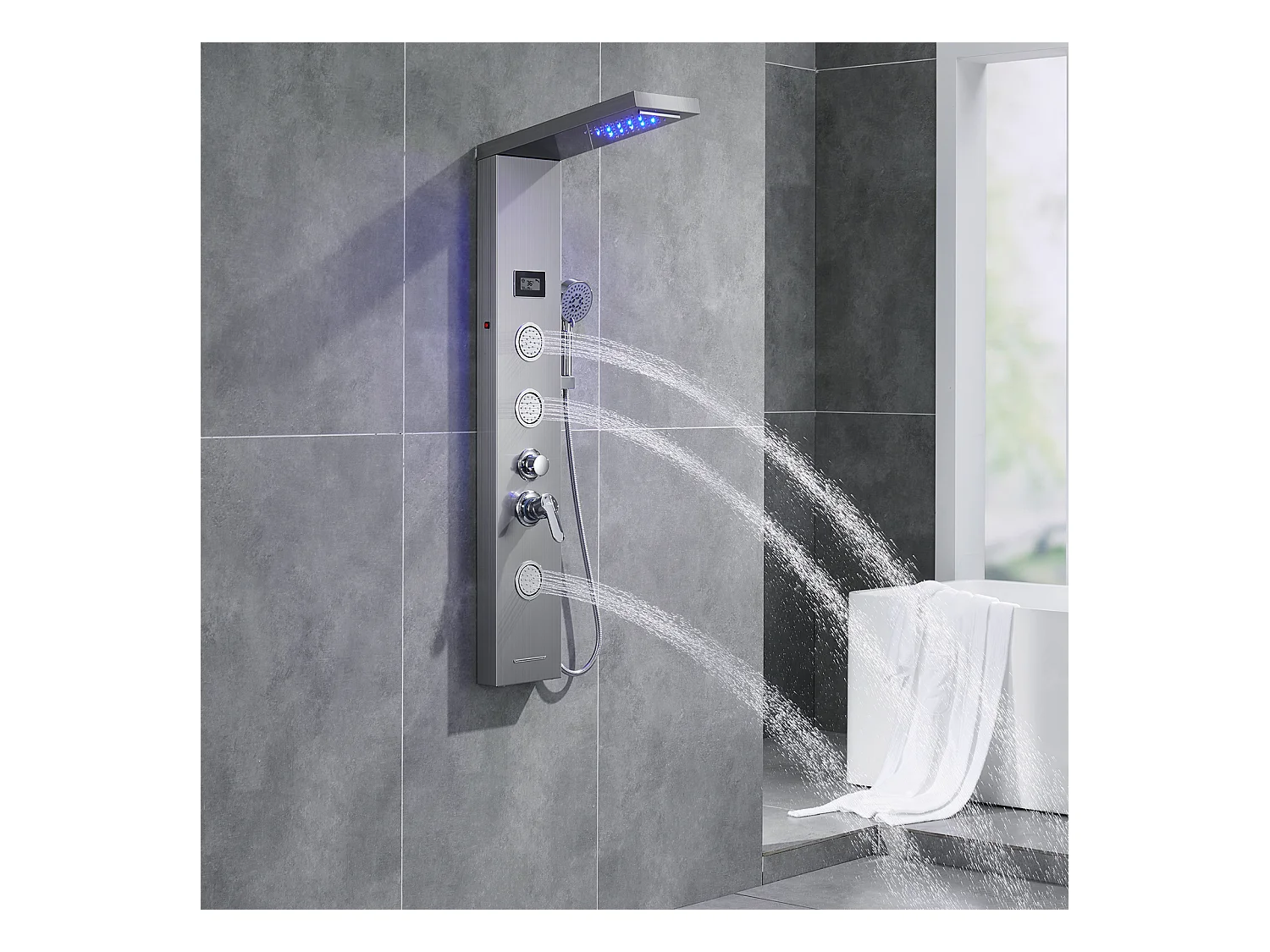 AuraLum Max Douchepaneel Douchekolom LED Hydromassage Douchepaneel Geborsteld Roestvrij Staal met 3 Massagestralen voor Badkamer, EU-model