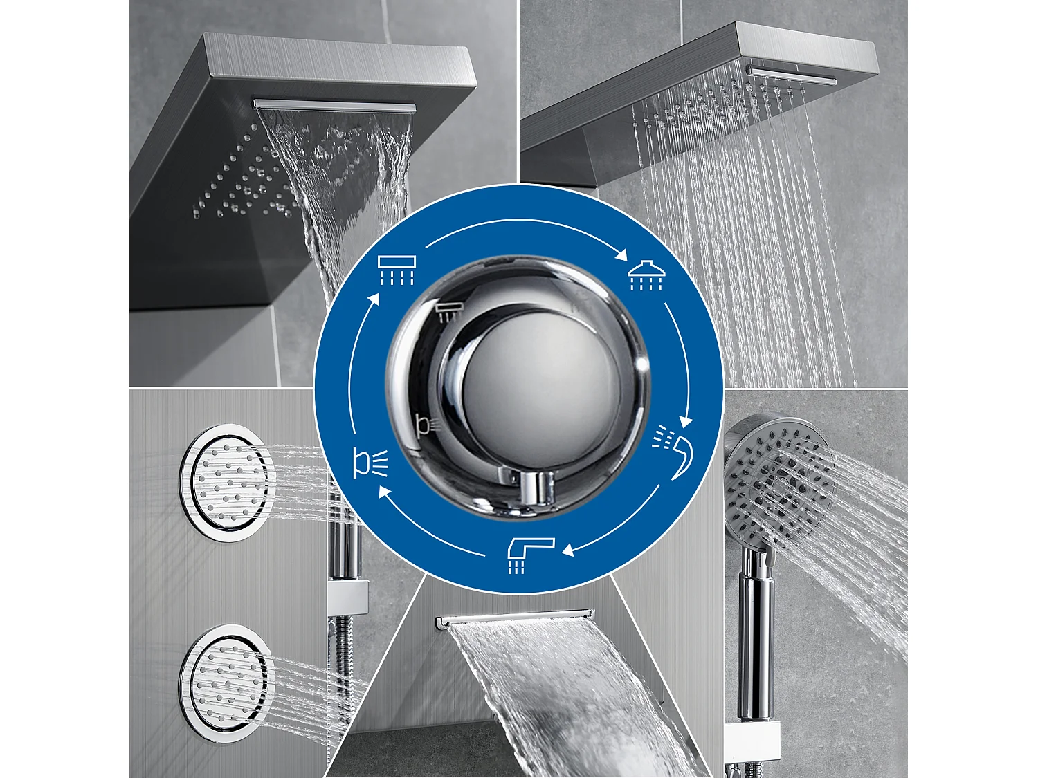 AuraLum Max Duschpaneel, LED-Hydromassage-Duschsäule, Duschpaneel aus gebürstetem Edelstahl mit 3 Massagedüsen für Badezimmer, EU-Modell