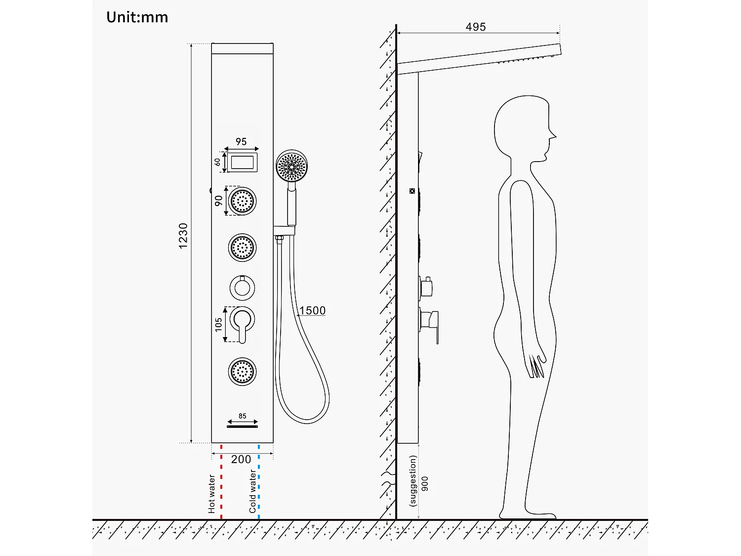 AuraLum Max Duschpaneel, LED-Hydromassage-Duschsäule, Duschpaneel aus gebürstetem Edelstahl mit 3 Massagedüsen für Badezimmer, EU-Modell