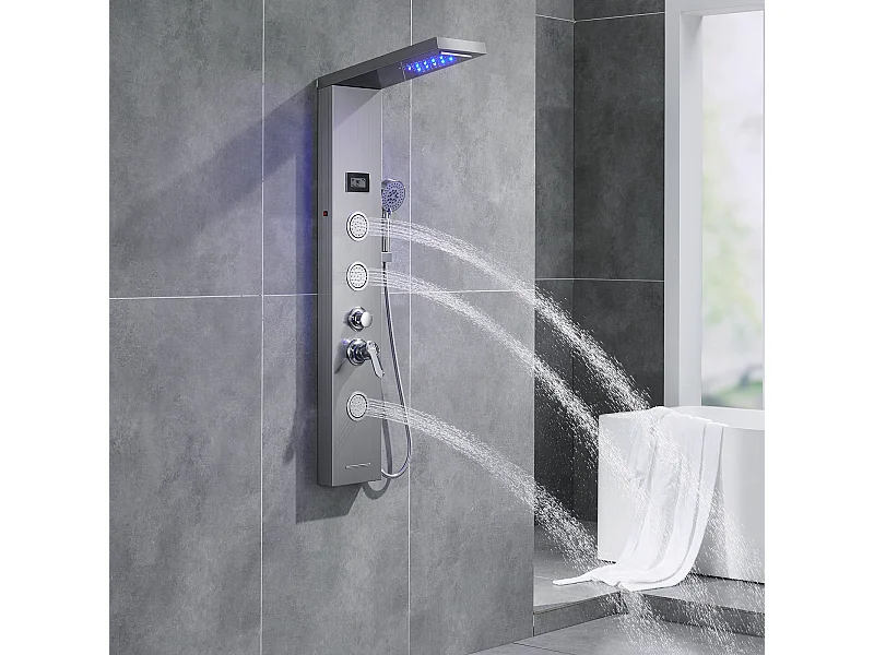 AuraLum Max Duschpaneel, LED-Hydromassage-Duschsäule, Duschpaneel aus gebürstetem Edelstahl mit 3 Massagedüsen für Badezimmer, EU-Modell