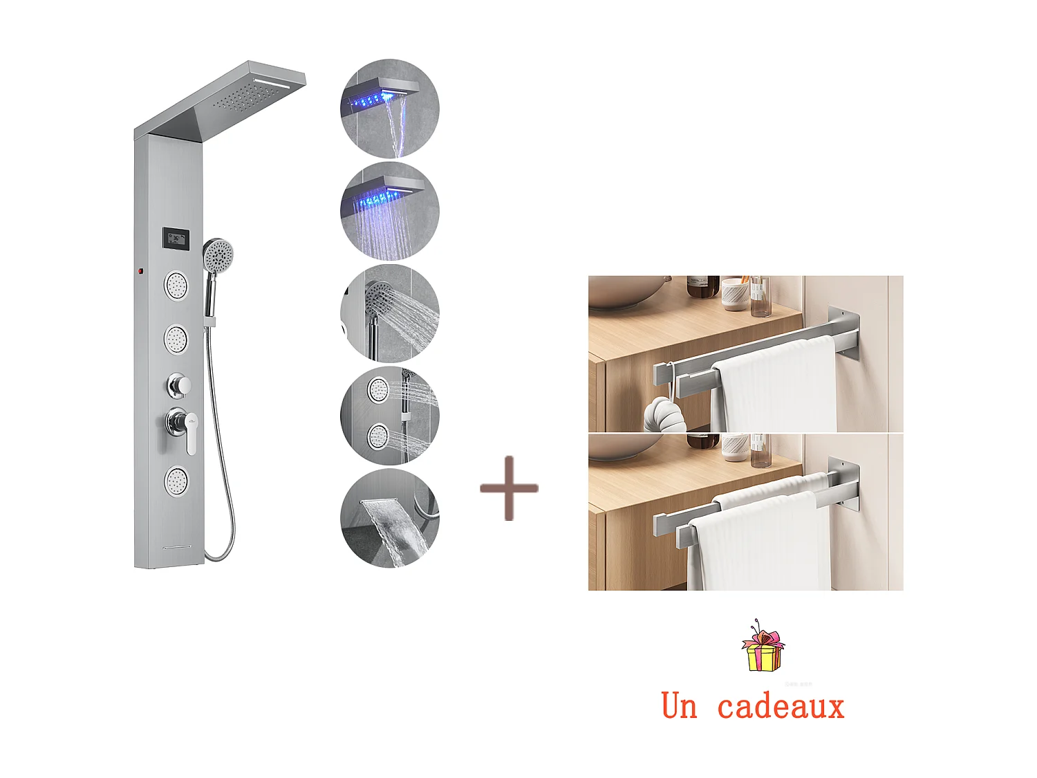 LCD LED Douchepaneel Temperatuurindicator,Geborsteld Roestvrij Staal met 3 Massagestralen+Handdoekhouder Badkamer Zelfklevend/Boren, Geborsteld