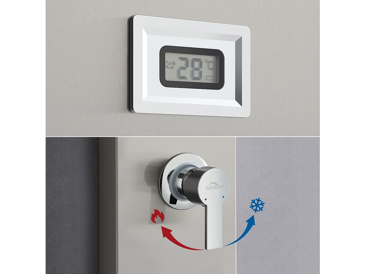 LCD LED Douchepaneel Temperatuurindicator,Geborsteld Roestvrij Staal met 3 Massagestralen+Handdoekhouder Badkamer Zelfklevend/Boren, Geborsteld