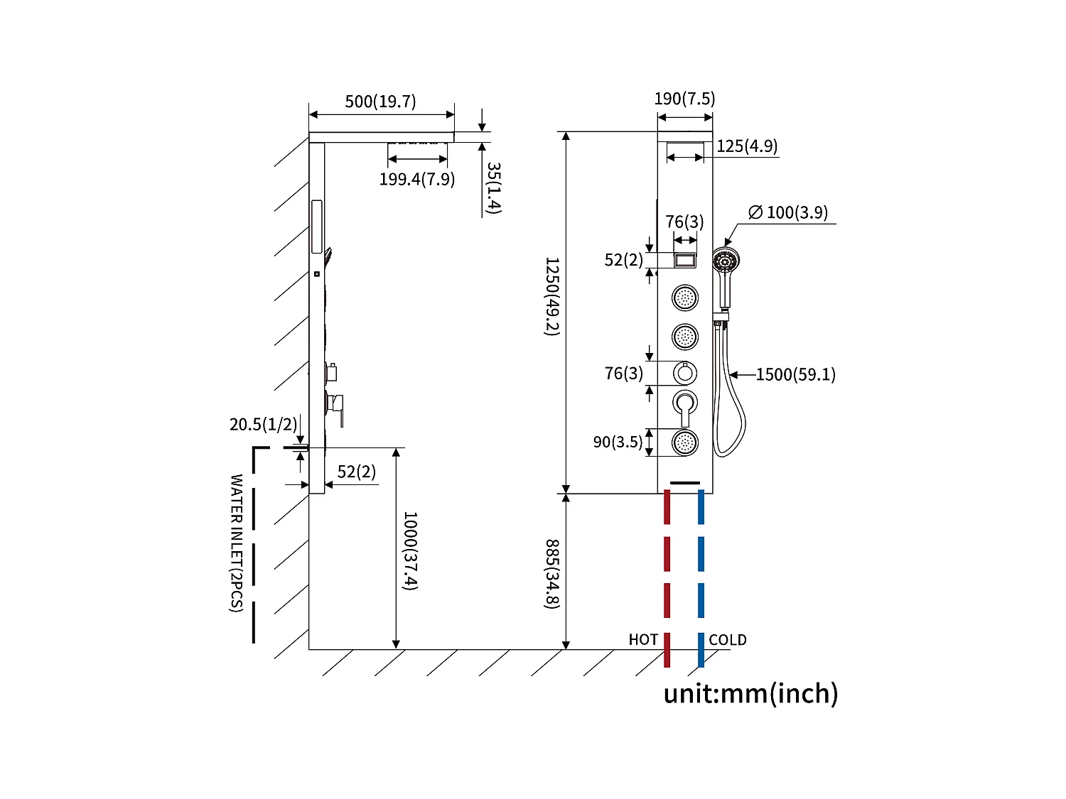 LCD LED Douchepaneel Temperatuurindicator,Geborsteld Roestvrij Staal met 3 Massagestralen+Handdoekhouder Badkamer Zelfklevend/Boren, Geborsteld