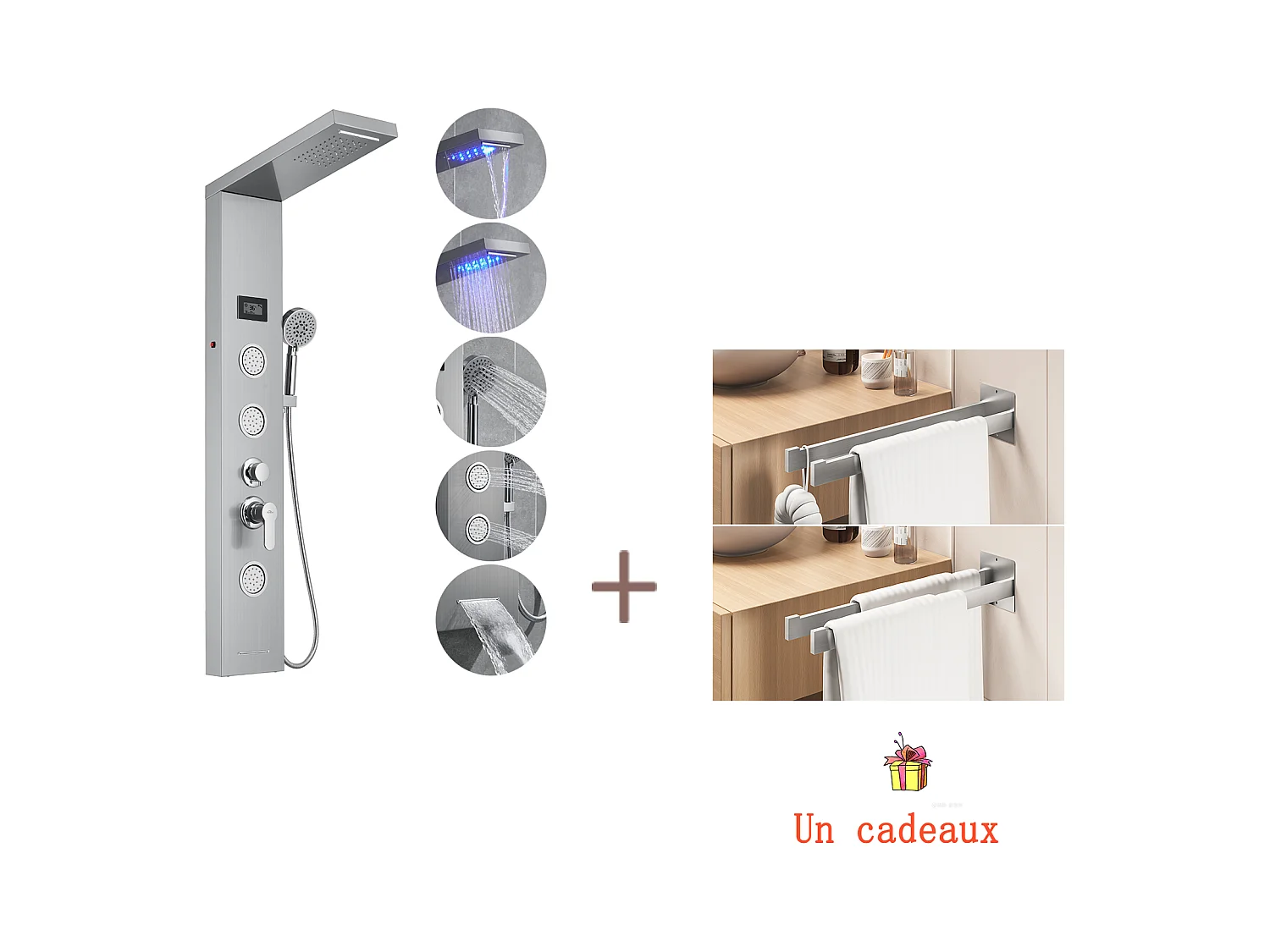Panneau Douche LED LCD Indicateur de température,en Inox Brossé avec 3 Jets de Massage+Porte Serviette Salle Bain Adhésif/Perçage,Brossé