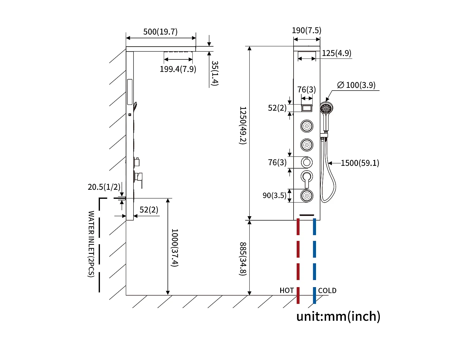 Panneau Douche LED LCD Indicateur de température,en Inox Brossé avec 3 Jets de Massage+Porte Serviette Salle Bain Adhésif/Perçage,Brossé