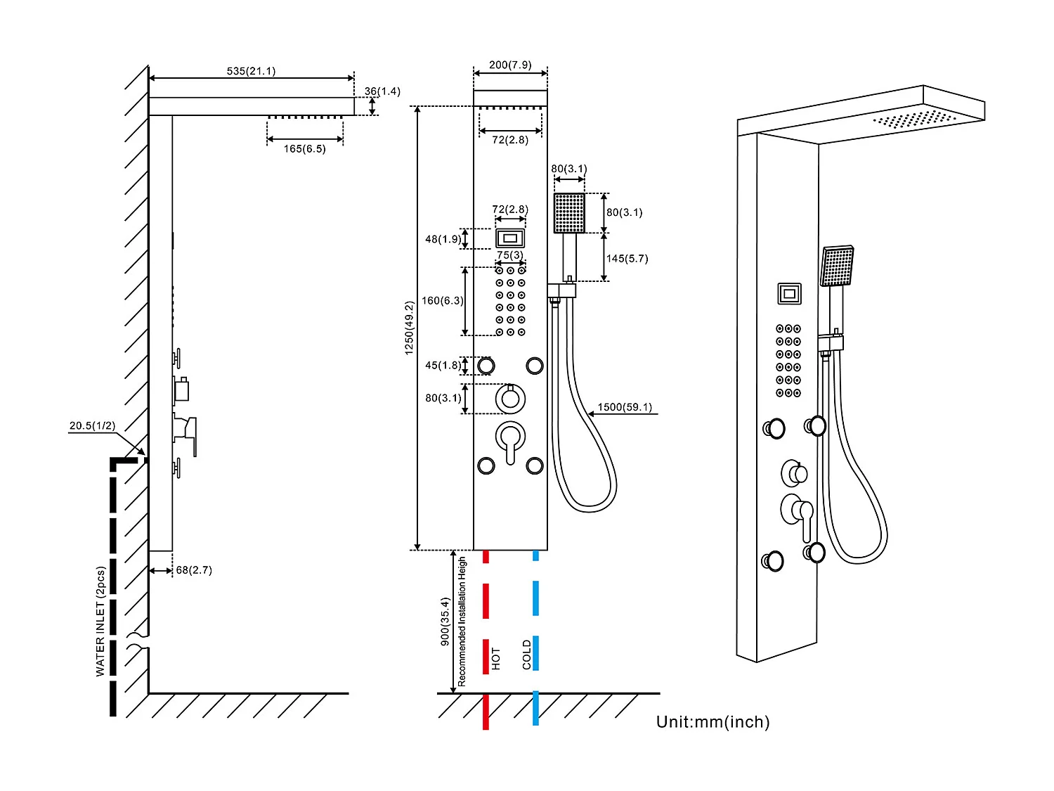 Hydromassage Douchekolom met LCD-scherm Temperatuurweergave, RVS met 4 Massagestralen + Handdoekhouder Badkamer Zelfklevend/Boren, Geborsteld