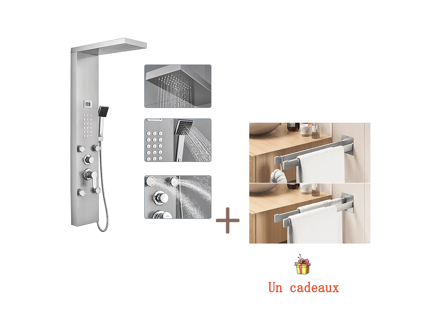 Colonne Douche Hydromassante avec LCD Écran Affichage Temprérature,en Inox avec 4 Jets de Massage+Porte Serviette Salle Bain Adhésif/Perçage,Brossé