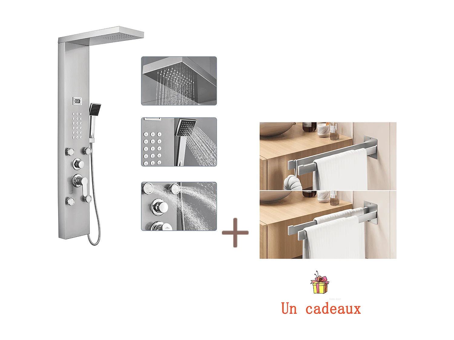 Colonna Doccia Idromassaggio con Schermo LCD Display Temperatura, in Acciaio Inox con 4 Getti di Massaggio+Porta ServitaTte Bagno Adesivo/Foratura