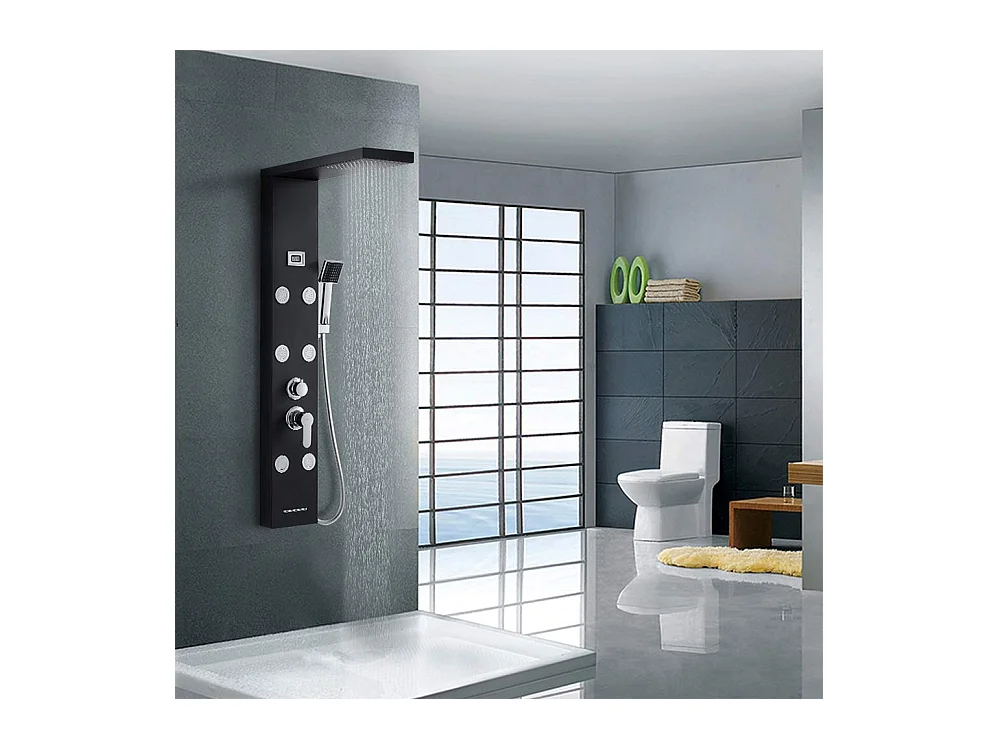 AuraLum Max Colonne Douche Noir LED Panneau douche Hydromassages Système Douche multifonctionnel colonne murale 6 Grandes Buses Massants,EU Modèle