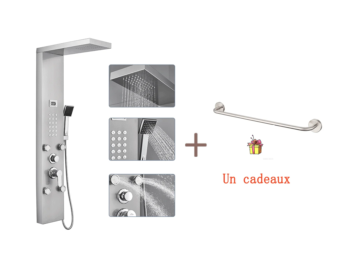Colonne Douche Hydromassante avec LCD Écran Affichage Temprérature,avec 4 Jets Massage+60cm Porte-Serviettes Salle Bain Auto-adhésif/Perçage en Inox