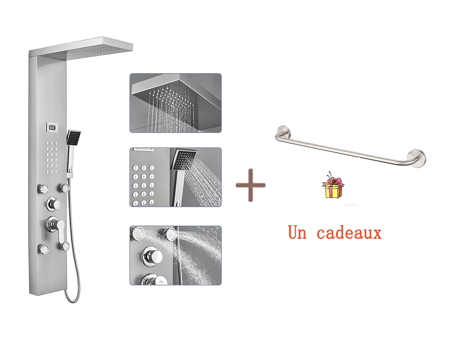 Colonne Douche Hydromassante avec LCD Écran Affichage Temprérature,avec 4 Jets Massage+60cm Porte-Serviettes Salle Bain Auto-adhésif/Perçage en Inox