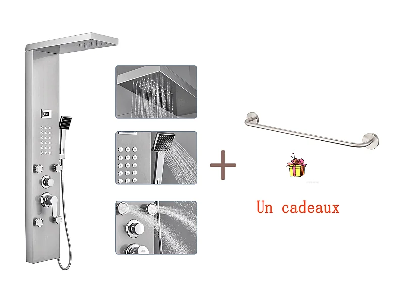 Colonne Douche Hydromassante avec LCD Écran Affichage Temprérature,avec 4 Jets Massage+60cm Porte-Serviettes Salle Bain Auto-adhésif/Perçage en Inox