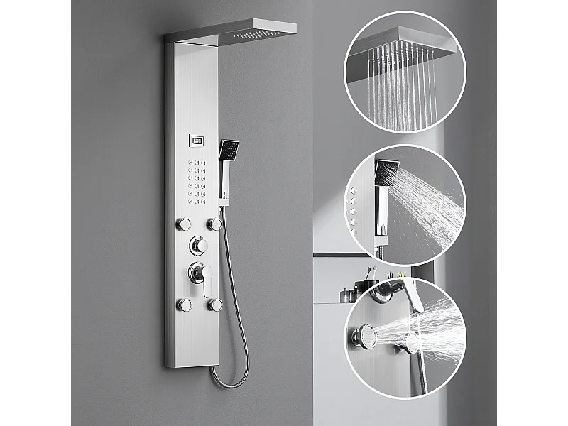 AuraLum Max Hydromassage-Duschsäule mit LCD-Bildschirm, Temperaturanzeige, Multifunktions-Duschpaneel aus Edelstahl mit 4 Massagedüsen, EU-Modell