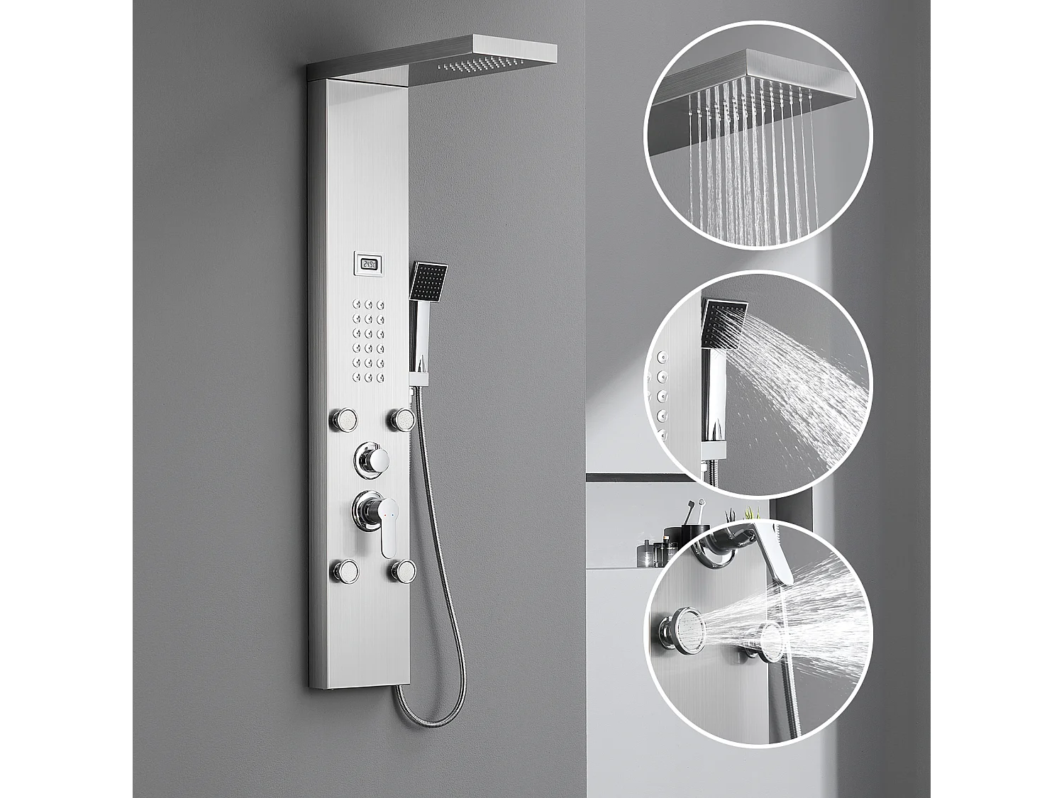 AuraLum Max Columna Ducha Hidromasaje con Pantalla LCD Indicador Temperatura Panel Ducha Multifunción Inoxidable con 4 Jets de Masaje, Modelo UE