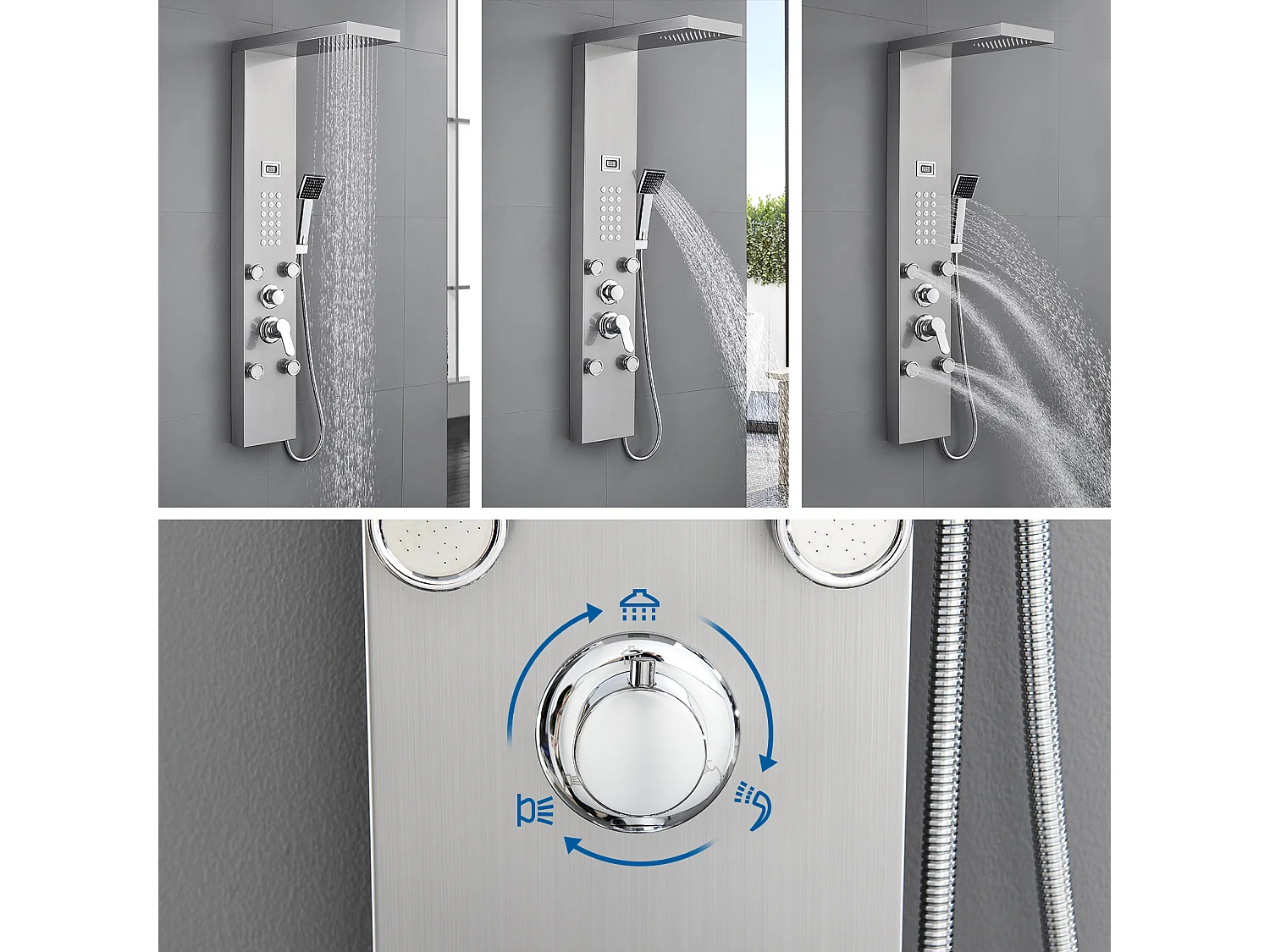 AuraLum Max Columna Ducha Hidromasaje con Pantalla LCD Indicador Temperatura Panel Ducha Multifunción Inoxidable con 4 Jets de Masaje, Modelo UE