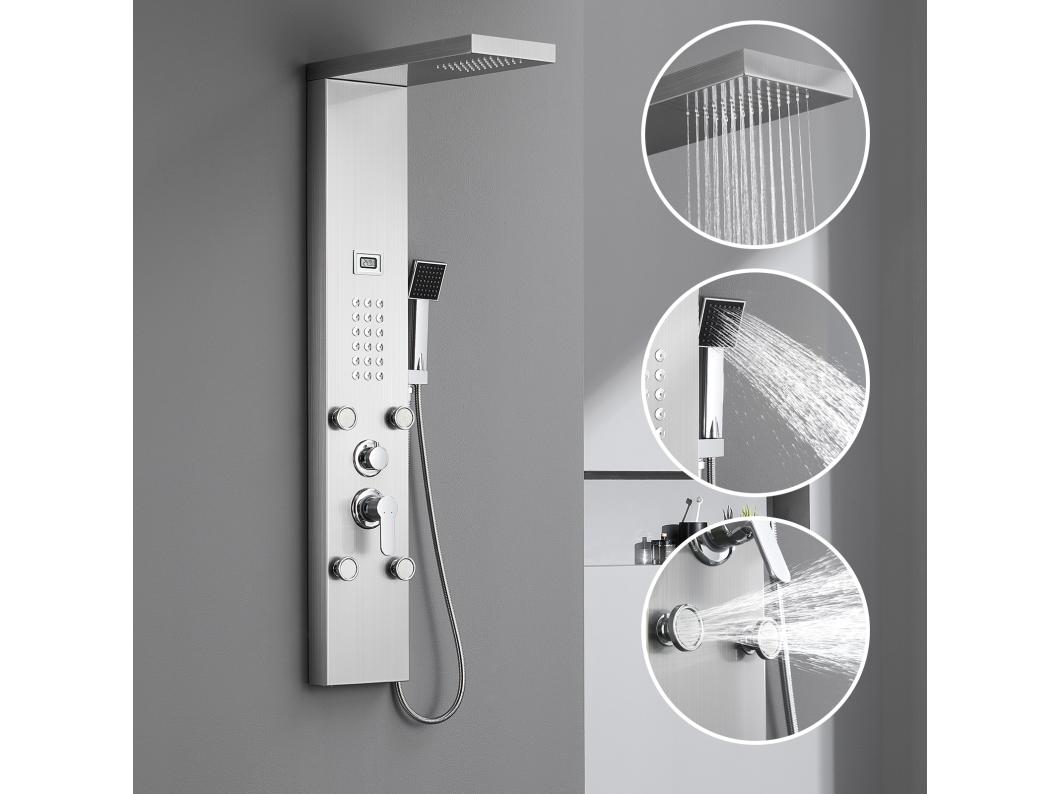 AuraLum Max Douchekolom HyDromassante met LCD-scherm Temperatuurweergave Multifunctioneel douchepaneel Roestvrij staal met 4 massagestralen, EU-model