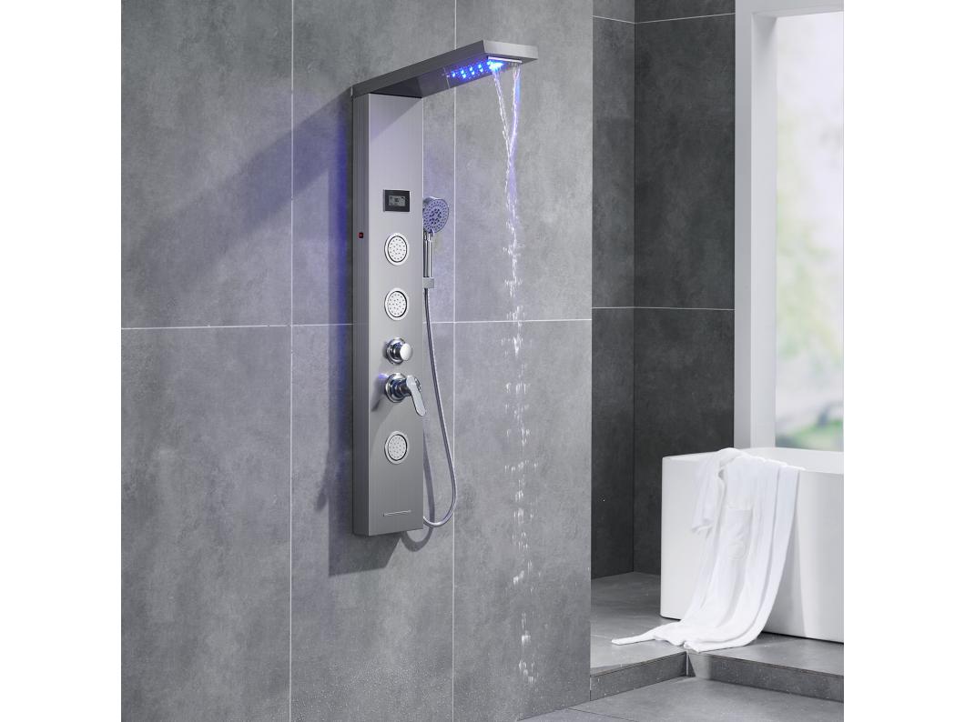 AuraLum Max Douchepaneel Hydromassage Douchekolom LED Geborsteld Roestvrij Staal Douchepaneel met 3 Massagestralen voor Badkamer, EU Model