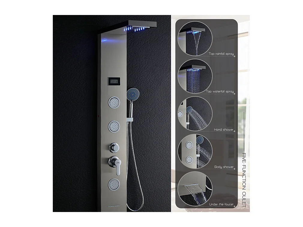 Panneau de Douche LED LCD Indicateur de température Colonne de Douche Hydromassante Panneau de Douche en Acier Inox Brossé avec 3 Jets de Massage