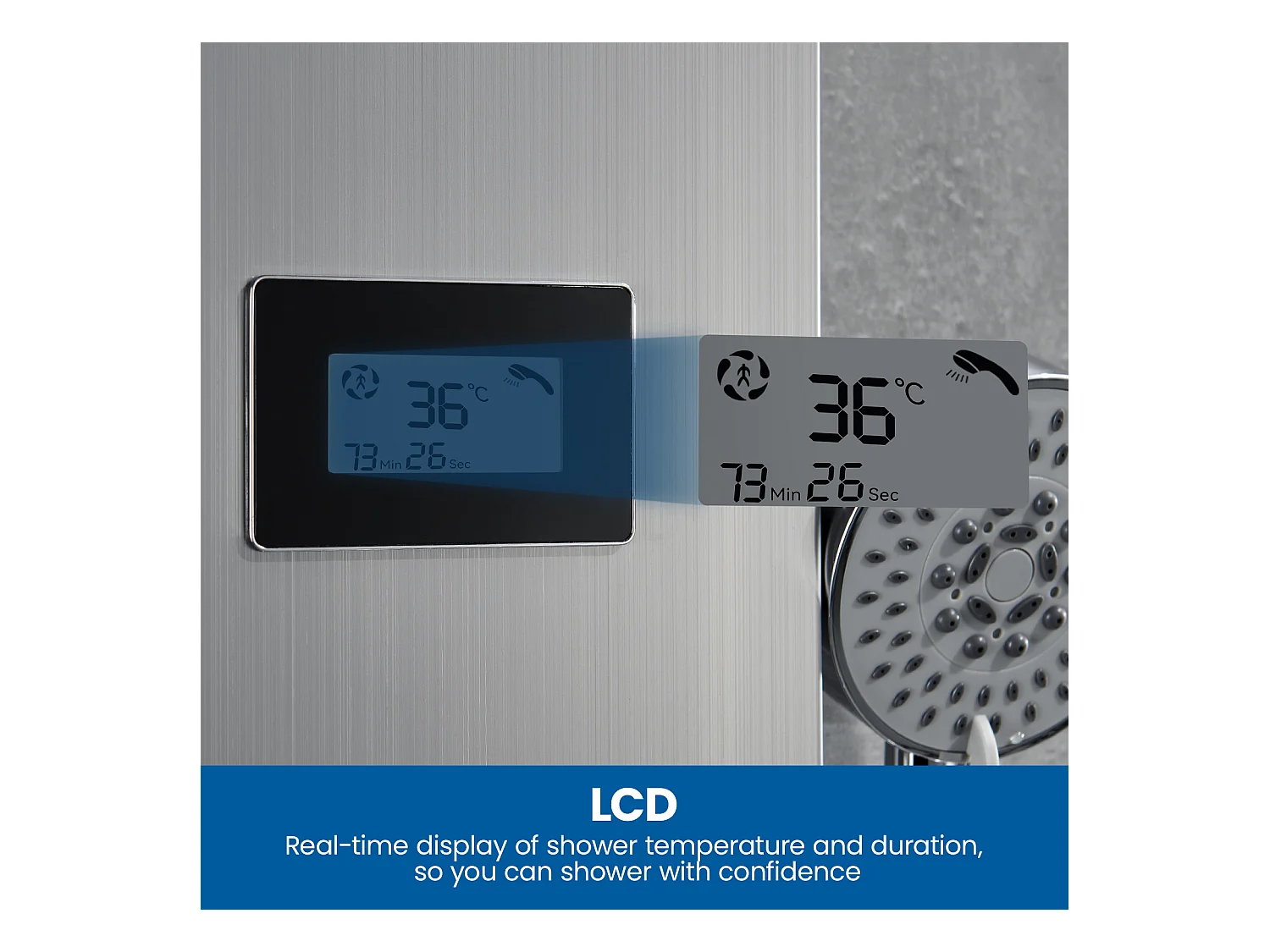 Panneau de Douche LED LCD Indicateur de température Colonne de Douche Hydromassante Panneau de Douche en Acier Inox Brossé avec 3 Jets de Massage