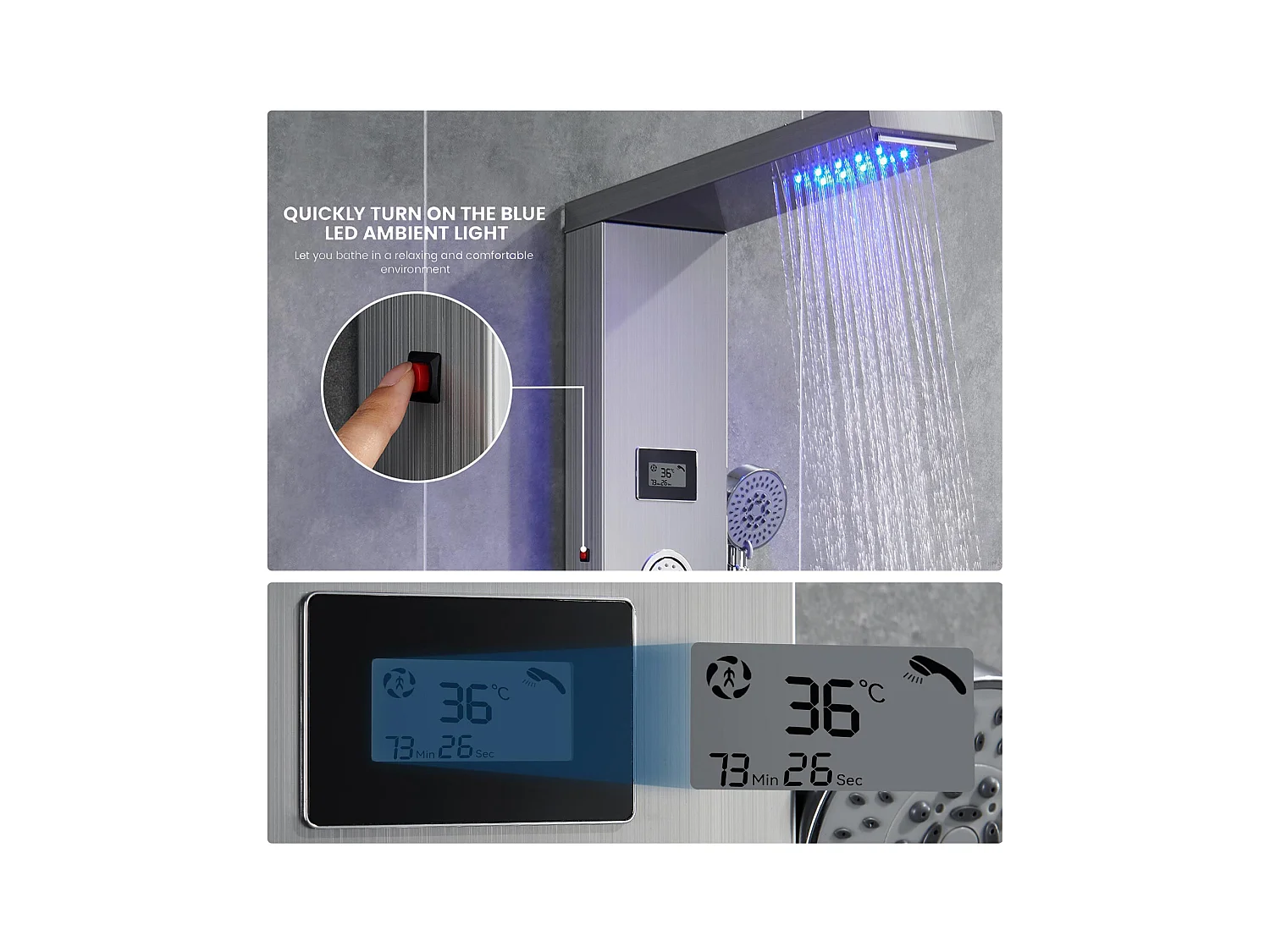 Panneau de Douche LED LCD Indicateur de température Colonne de Douche Hydromassante Panneau de Douche en Acier Inox Brossé avec 3 Jets de Massage