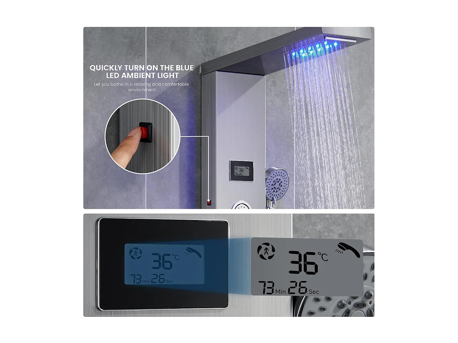 Panneau de Douche LED LCD Indicateur de température Colonne de Douche Hydromassante Panneau de Douche en Acier Inox Brossé avec 3 Jets de Massage