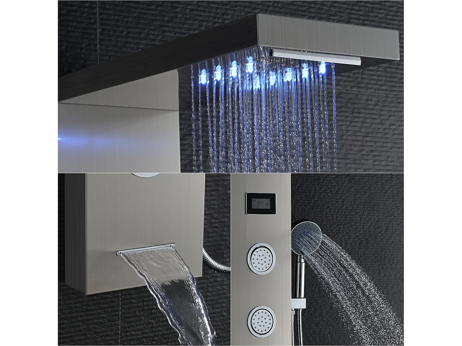 Panneau de Douche LED LCD Indicateur de température Colonne de Douche Hydromassante Panneau de Douche en Acier Inox Brossé avec 3 Jets de Massage
