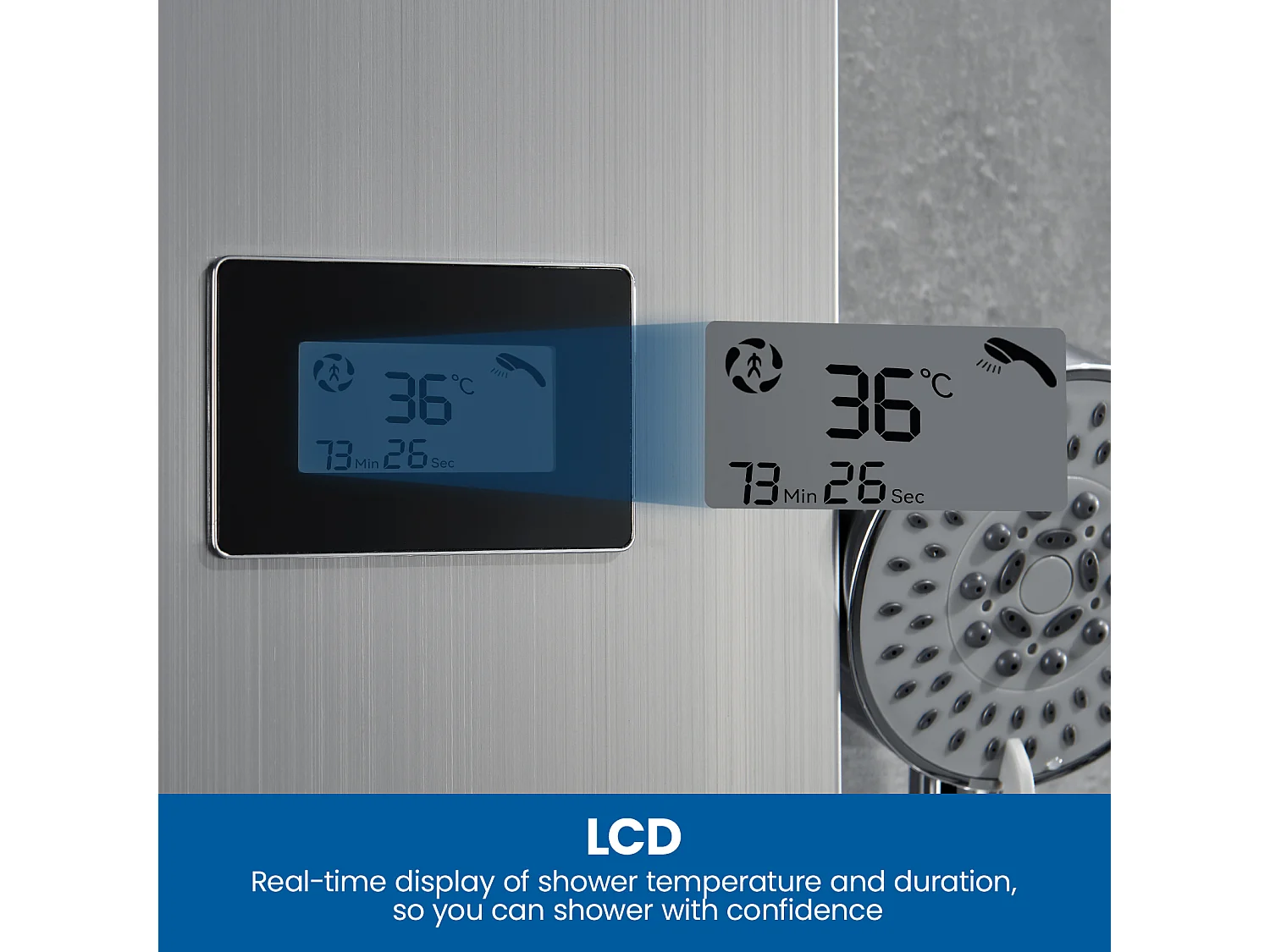 Panneau de Douche LED LCD Indicateur de température Colonne de Douche Hydromassante Panneau de Douche en Acier Inox Brossé avec 3 Jets de Massage
