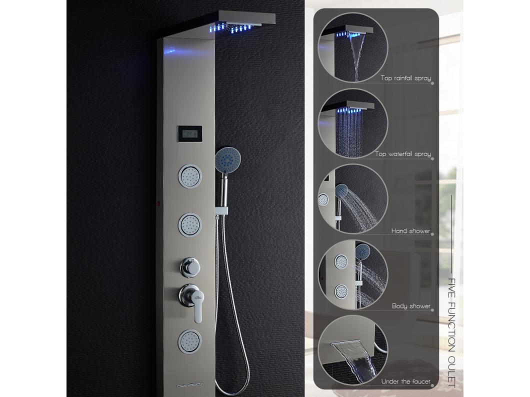 LCD LED Douchepaneel Temperatuur Indicator Hydromassage Douchekolom Geborsteld Roestvrij Staal Douchepaneel met 3 Massagestralen