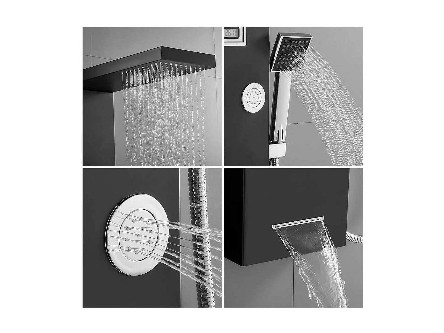 Schwarze Duschsäule, Multifunktions-Duschpaneel aus Edelstahl mit LCD-Bildschirm, Hydromassage-Duschsäule mit Mischbatterie und Massagedüsen