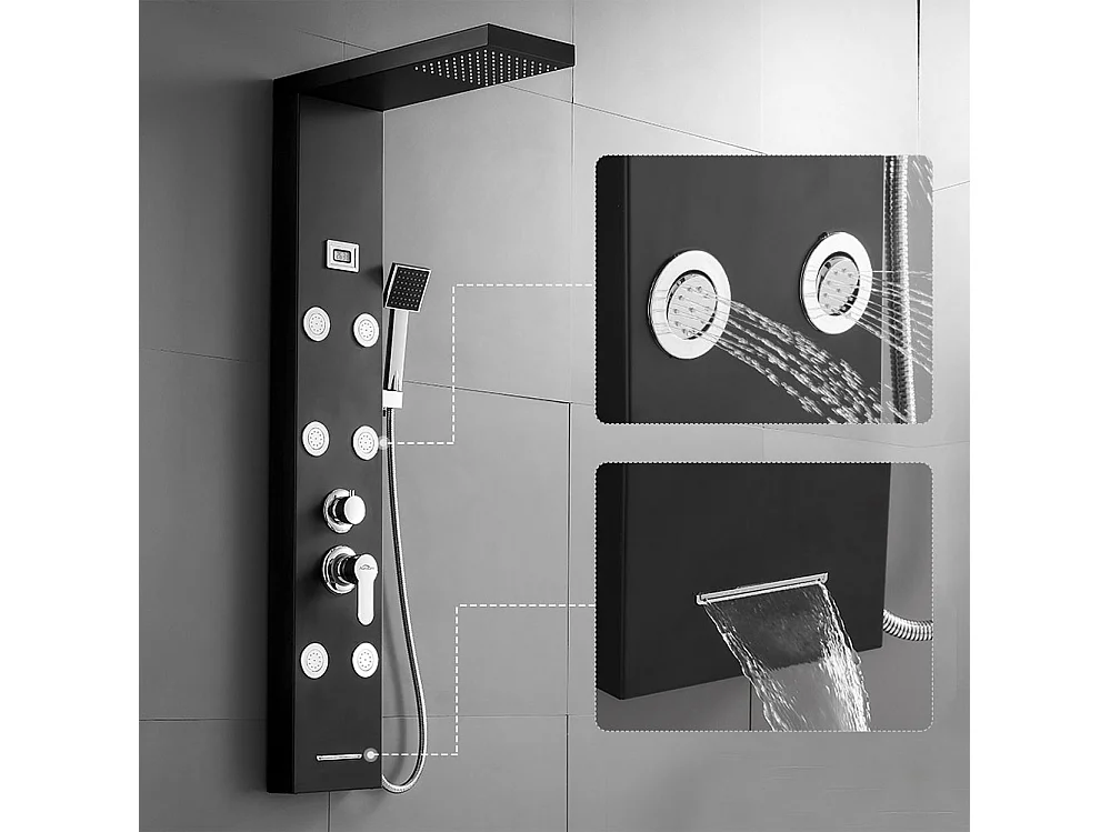 Colonne de Douche Noir,Panneau de Douche Acier Inox Multifonction avec Écran LCD, Colonne Douche Hydromassante avec Mitigeur et Buses Massants