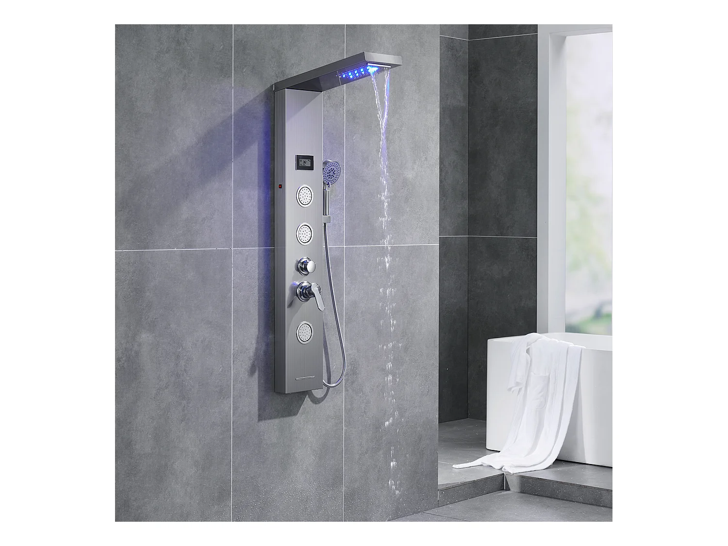 Panneau de Douche AURALUM MAX Colonne de Douche Hydromassante LED Panneau de Douche en Acier Inox Brossé avec 3 Jets de Massage pour Salle de bain